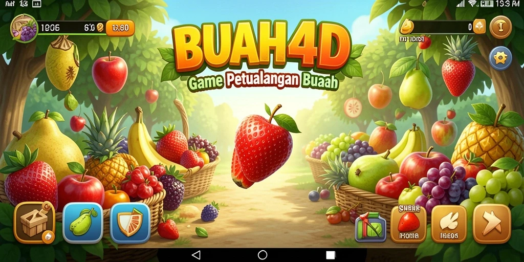 Tangkapan layar gameplay BUAH4D yang menunjukkan kebun buah yang cerah dan penuh warna.